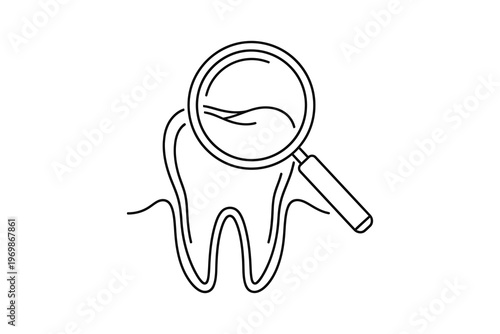 Whimsical illustration of a tooth under a magnifying glass, emphasizing dental health and oral hygiene in a playful, cartoonish style.