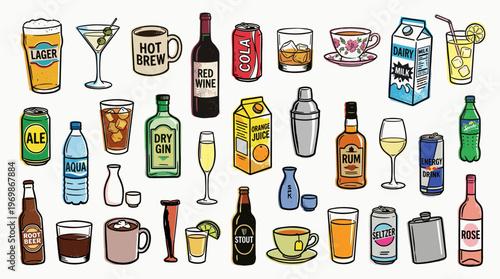 Diverse Assortment of Beverages and Drinks in Various Containers, Celebrating Refreshment and Variety