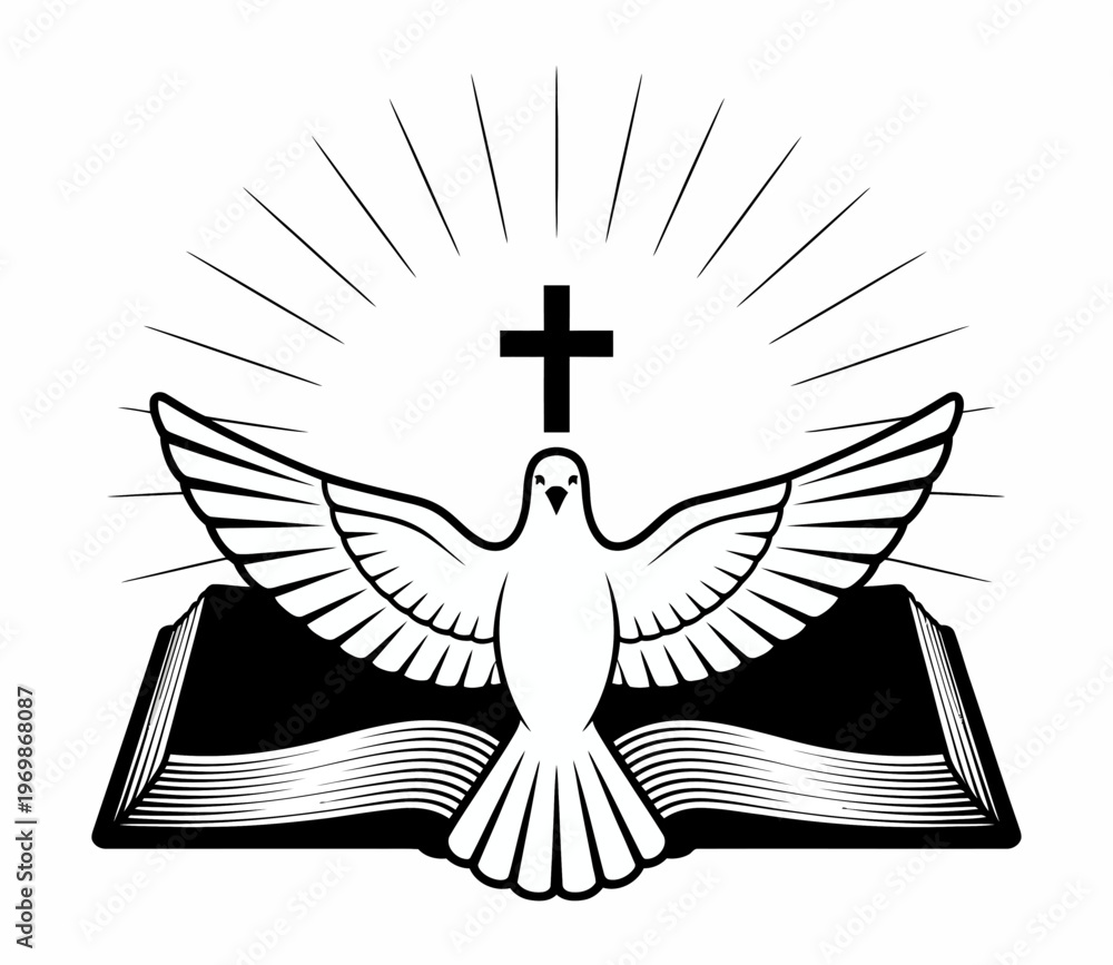 Fototapeta premium A dove spreads its wings above an open book, symbolizing peace and wisdom