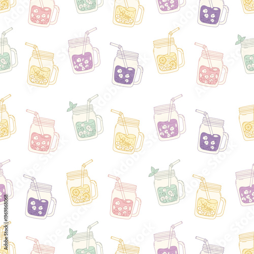 Fresh Summer Drink Lemonade in Mason Jars Seamless Pattern. Refreshing Cocktail in Ice Cubes, Berry, Fruit, mint and Straw on White Background. Minimalist Square template. Vector Illustration