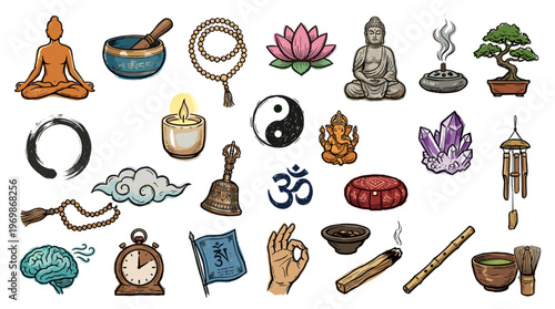 Collection of spiritual and meditation symbols including Buddha statue incense crystals lotus flower and yoga elements for wellness and mindfulness