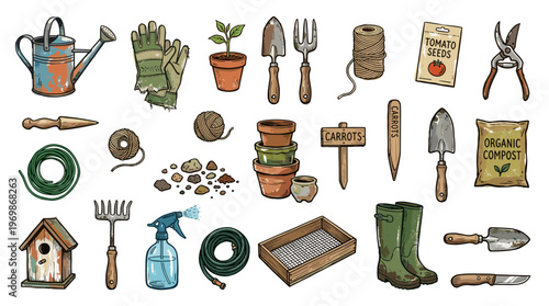 Gardening tools and supplies collection for planting and cultivation in a garden or allotment