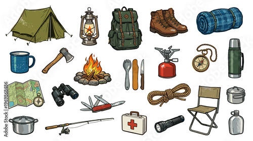 Outdoor camping gear collection including tent backpack boots lantern axe and cooking equipment for adventure and travel