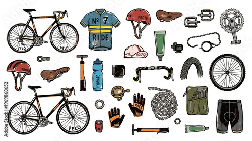 Collection of vintage cycling gear and bicycle parts arranged in a flat lay style, perfect for sports and hobby themes