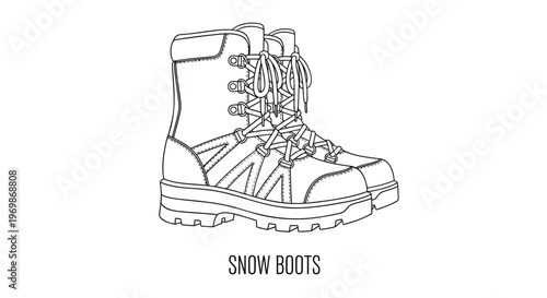 Snow boots vector illustration, winter hiking footwear line art, insulated outdoor trekking shoes, black and white mountain gear icon