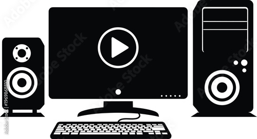 Computer, monitor, keyboard, speaker, and tower, black and white, technology icons, computer equipment, peripherals