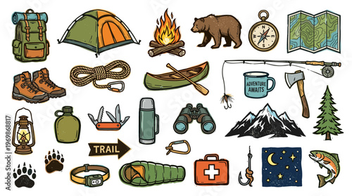 Collection of hand-drawn camping and outdoor adventure gear and symbols for travel and nature exploration