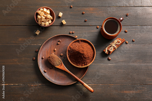 Cup of hot coffee and bowl ...