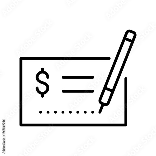Bank check icon. Business and payments line symbol. Black and white.