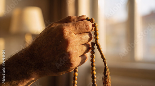 Close-up Hand Praying with Wooden Tasbih Beads in Golden Hour Sunlight for Ramadan and Dhikr