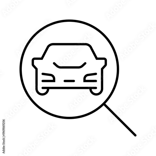 Car search icon. Transportation and vehicle search line symbol. Black and white.