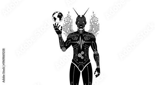 A black and white image of a futuristic character isolated on transparent background, isolated on white background, Vector
