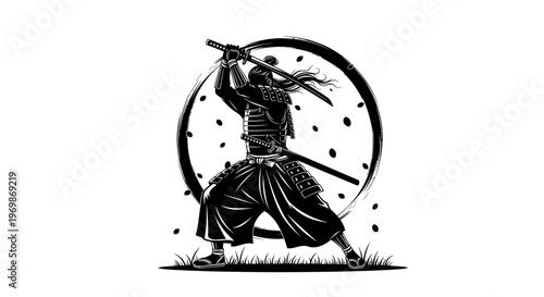 A black silhouette of a samurai in a fighting stance isolated on transparent background, isolated on white background, Vector