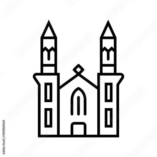 Cathedral church icon. Architecture and religious building line symbol. Black and white.