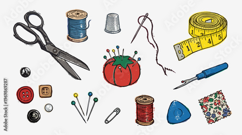 Sewing and tailoring tools collection for crafting and garment making including scissors, thread spools, thimble, pins, needles, buttons, and measuring tape
