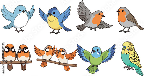 Hand-Drawn Set of Colorful Birds Including Robins, Bluebirds, Budgies, and Sparrows in Various Poses, Isolated on White Background for Nature and Animal Designs