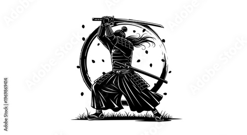 A samurai in a fighting stance with a sword isolated on transparent background, isolated on white background, Vector