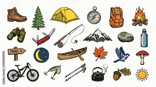 Collection of outdoor adventure and camping gear icons and illustrations for travel and nature exploration