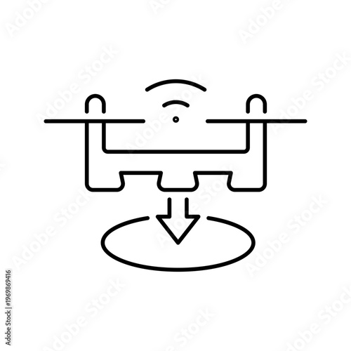 Drone landing icon. Industry and unmanned aerial vehicle line symbol. Black and white.