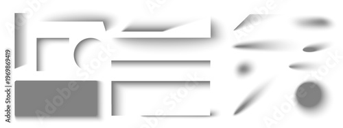 Collection of round, square, oval shadows on white background. Vector realistic illustration of soft blur edge lines, transparent drop effects with gradients and grainy texture, design elements pack