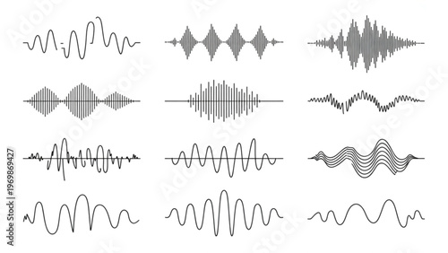 Sound Wave Line Icon Set – Audio Signal and Music Visualization Vector Collection