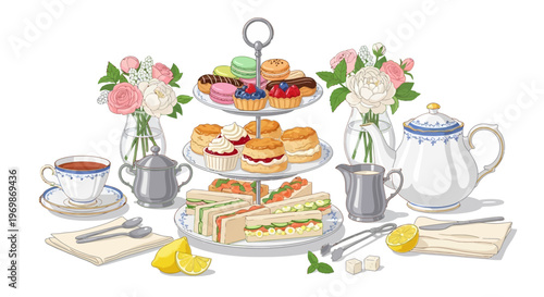 A tiered serving dish with sandwiches and pastries on a table isolated on transparent background, isolated on white background, Vector