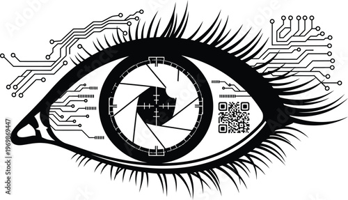 A close-up of an eye with circuit boards and a camera isolated on transparent background, isolated on white background, Vector