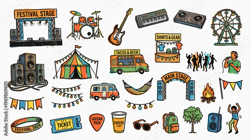 Vibrant Festival Scene Elements Collection Featuring Music Stage Food Truck Ferris Wheel and Happy Crowd Symbols for Summer Celebration and Outdoor Events