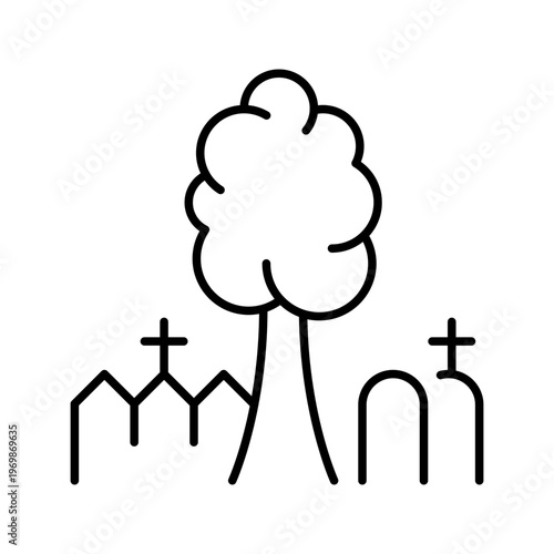 Grave yard icon. Religion and cemetery line symbol. Black and white.