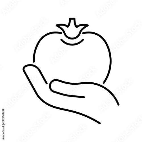Hand tomato icon. Food and produce line symbol. Black and white.