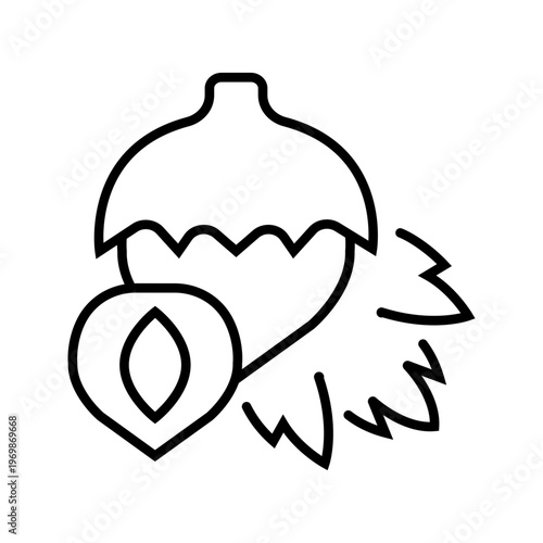 Hazel nut icon. Food and tree nut line symbol. Black and white.