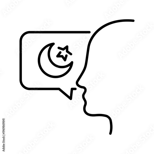 Islam speech icon. Religion and islam line symbol. Black and white.