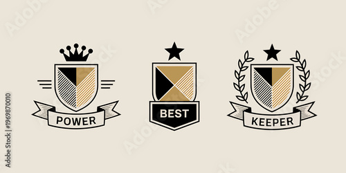 Collection of three vintage crests with a shield emblem for power best and keeper award badges
