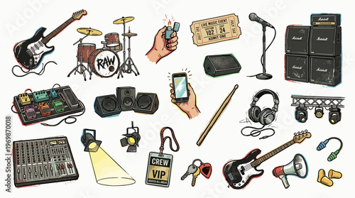 Collection of rock music concert equipment and accessories for live performance and backstage production