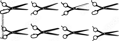 Vector Set of Scissors in Various Positions, Isolated on White Background for Tools, Hairdressing, and Cutting Designs