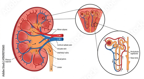 Human kidney cross-section diagram showing internal anatomy including cortex, medulla, renal pelvis, and nephron structure, technical flat vector illustration for biology education.