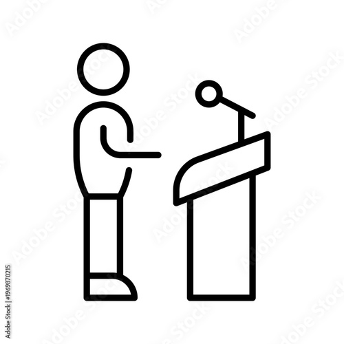 Podium speaker icon. Business and presentations line symbol. Black and white.
