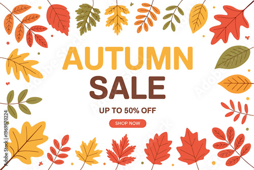 Autumn sale announcement with falling leaves and discount offer for shoppers