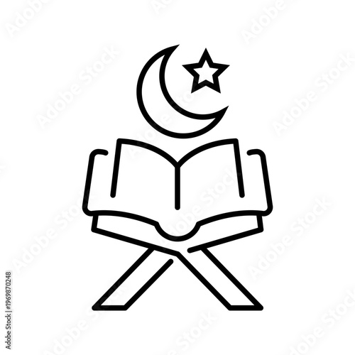 Quran book icon. Religion and islam line symbol. Black and white.