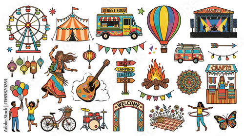 Vibrant bohemian festival scene with diverse activities including music food crafts and amusement rides celebrating community and summer fun