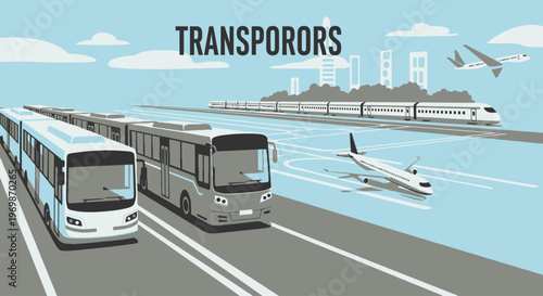 Buses on a road with airplane.