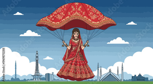 Traditional South Asian bride skydiving with red lehenga parachute, Pakistani wedding concept vector, bridal fashion illustration with city skyline