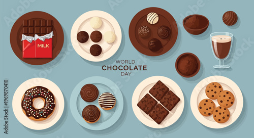 An overhead view of various delicious chocolate desserts and treats celebrating World Chocolate Day on a blue background.