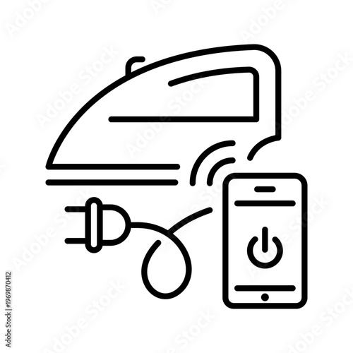 Smart iron icon. Technology and home appliance line symbol. Black and white.