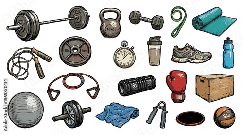 Collection of fitness equipment and accessories for a healthy lifestyle and sports training