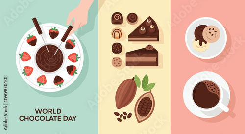 A vibrant illustration celebrating World Chocolate Day, featuring chocolate fondue with strawberries, various chocolate desserts, cocoa beans, and a warm chocolate drink.