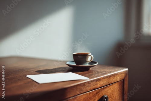 minimalist composition featuring white mug on pastel yellow background perfect for morning coffee moment