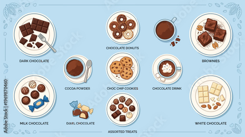 An overhead view of various chocolate products and drinks, including dark, milk, and white chocolate, brownies, cookies, donuts, and hot cocoa, arranged on a light blue background.