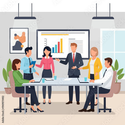 Professional Business Analysts Collaborating on Data-Driven Growth During a Modern Office Seminar.