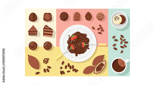 An overhead view of a colorful illustration showcasing various chocolate products, cocoa beans, pods, and a fondue set with strawberries.